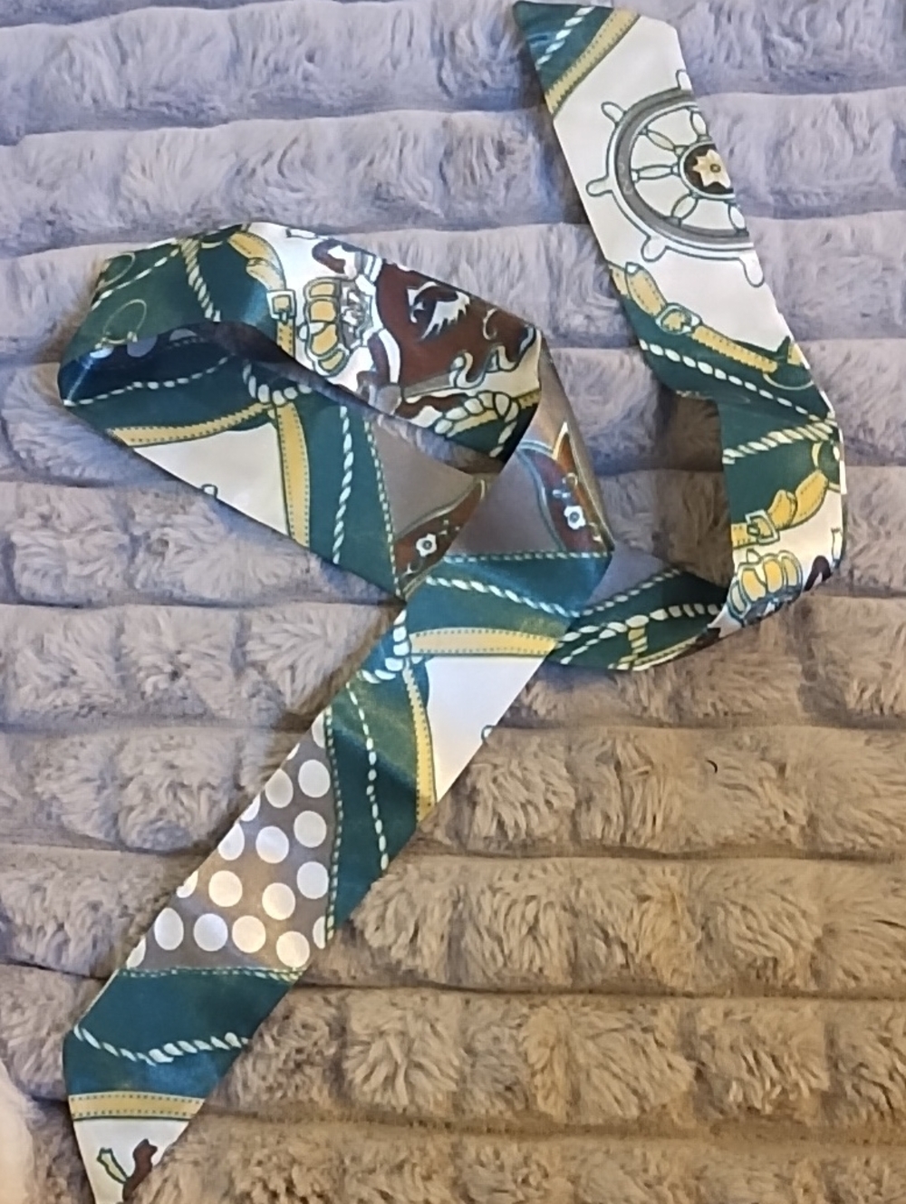 Nautical Print Silk Twilly Scarf in Green, Gold, White